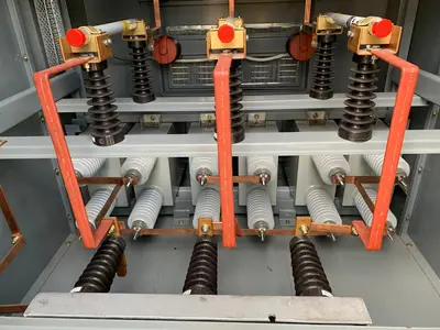 Medium-voltage fuses and surge arresters inside a metal enclosure, phase busbars carried on porcelain standoffs and covered with insulating boots.