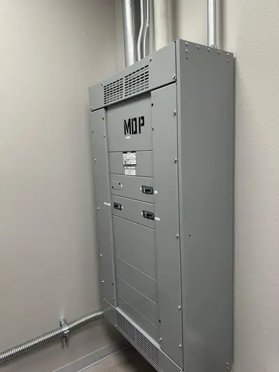 A main distribution panel with the door open, branch breakers landed and the circuit directory filled in, feeder conduits entering the gutter at the top.